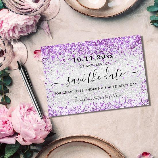 Birthday party silver violet purple glitter  save the date