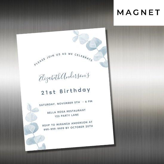 Birthday party white dusty blue eucalyptus luxury magnetic