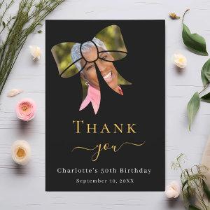 Birthday photo bow black thank you card