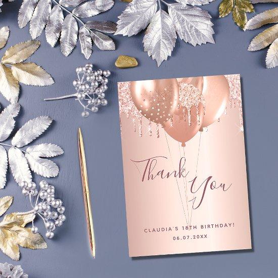 Birthday rose gold blush balloons thank you card
