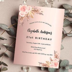 Birthday rose gold pampas grass floral boho  postcard