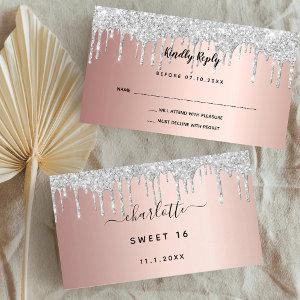 Birthday rose gold silver glitter drips party RSVP Enclosure Card