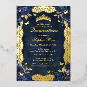 Birthday Rose Lace Butterfly Gold Navy Quinceanera Foil