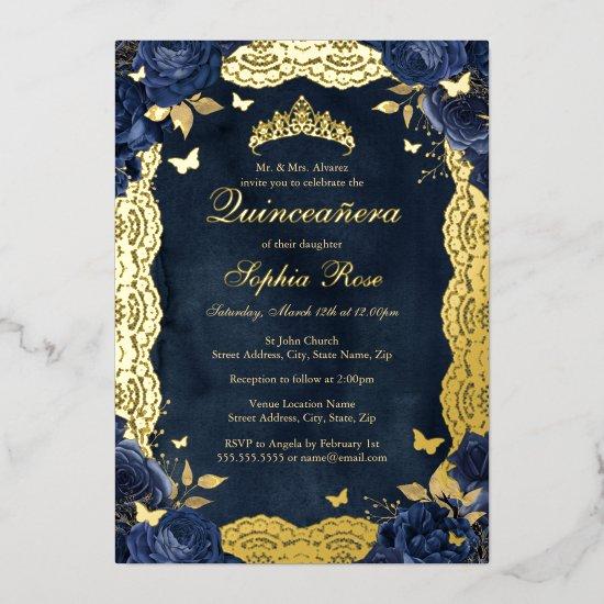 Birthday Rose Lace Butterfly Gold Navy Quinceanera Foil
