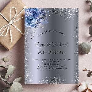 Birthday silver blue florals glitter luxury