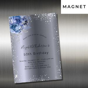 Birthday silver blue florals glitter luxury magnetic
