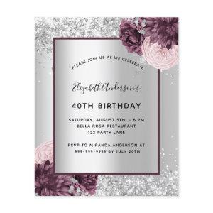 Birthday silver burgundy floral budget  flyer