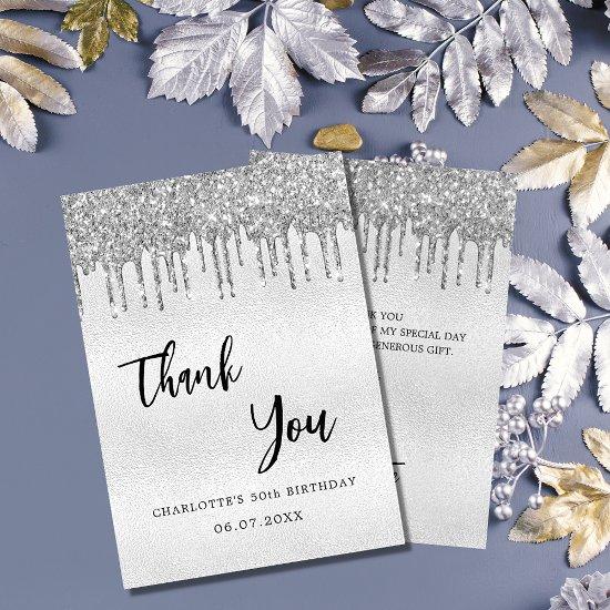 Birthday silver glitter drips thank you card