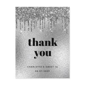 Birthday silver glitter modern thank you postcard