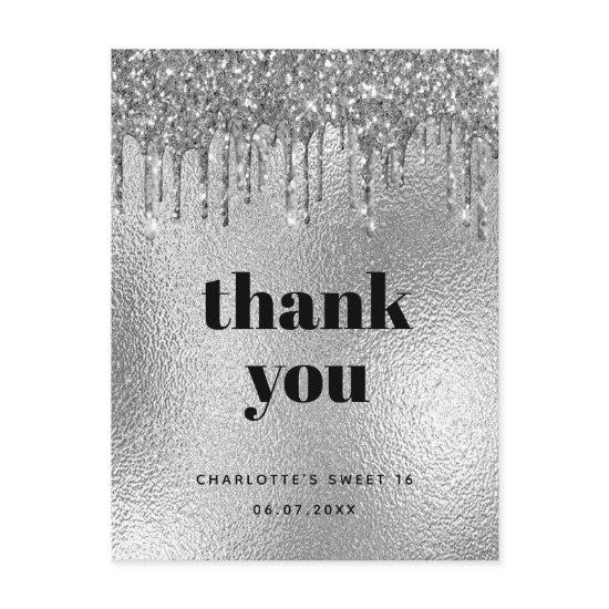 Birthday silver glitter modern thank you postcard