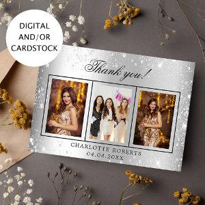 Birthday silver glitter photo thank you card