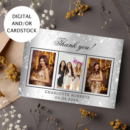 Birthday silver glitter photo thank you card
