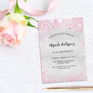 Birthday silver pink glitter elegant modern  postcard