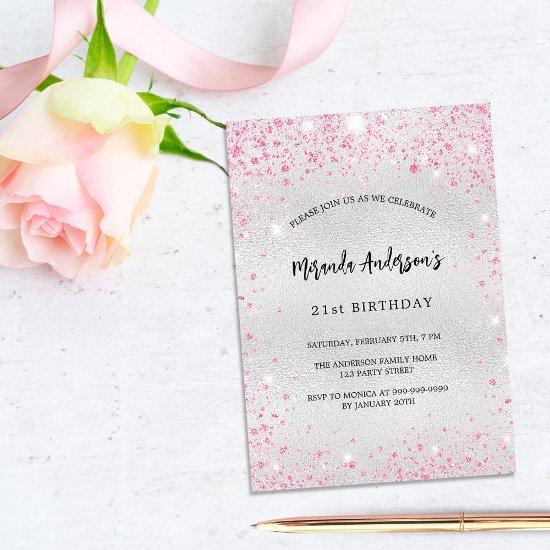 Birthday silver pink glitter elegant modern  postcard