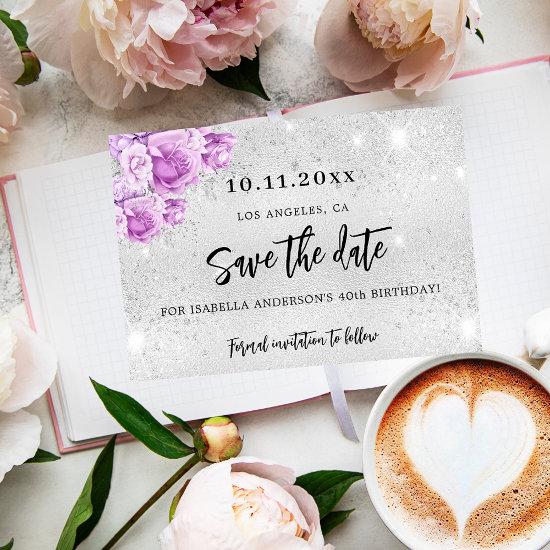 Birthday silver pink violet flowers Save the Date Announcement Postcard