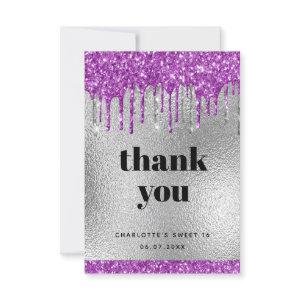 Birthday silver purple glitter drips thank you card