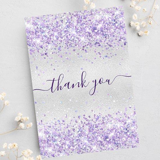 Birthday silver purple glitter dust thank you card