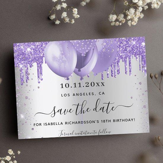 Birthday silver violet balloons glitter drips save the date