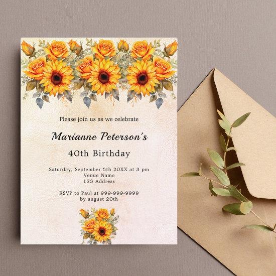 Birthday sunflowers greenery rustic yellow orange  postcard