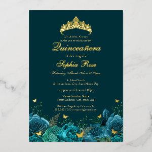 Birthday Teal Blue Floral Butterfly Quinceanera Foil