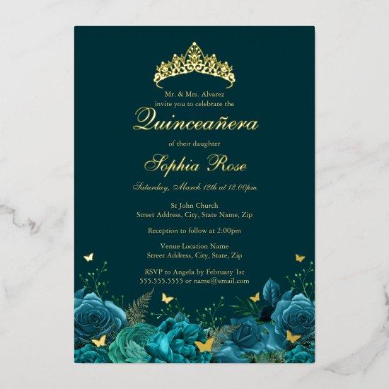 Birthday Teal Blue Floral Butterfly Quinceanera Foil
