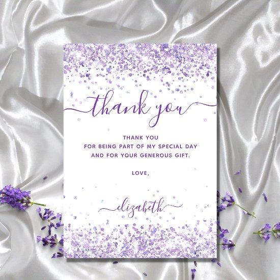 Birthday violet white glitter thank you card