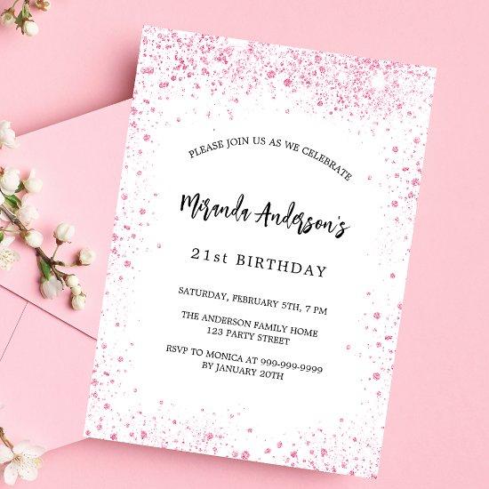 Birthday white pink glitter sparkles elegant  postcard