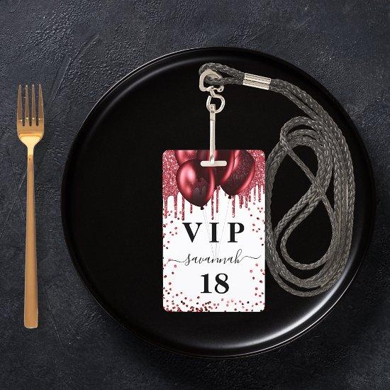 Birthday white red balloons glitter vip badge