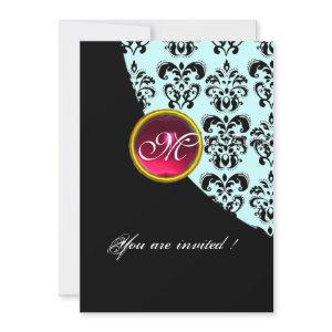 BLACK AND BLUE DAMASK MONOGRAM,red ruby