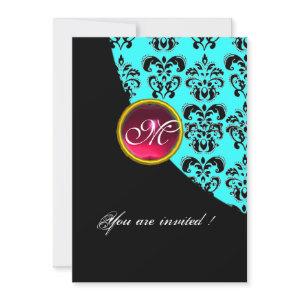 BLACK AND BLUE DAMASK MONOGRAM,red ruby,turquase