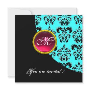 BLACK AND BLUE DAMASK MONOGRAM,red ruby,turquase