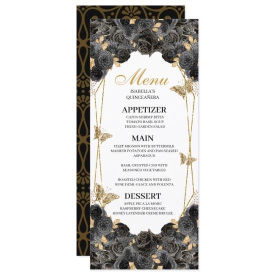 Black and Gold Floral Quinceanera Menu