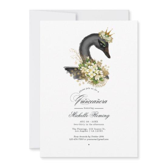 Black and Gold Floral Swan Quinceañera Photo