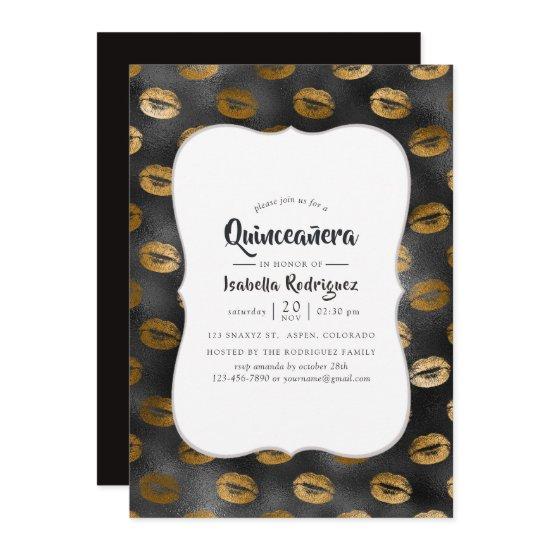 Black and Gold Glam Lips Pattern Quinceañera