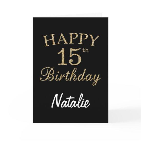 Black and Gold Glitter 15th Birthday Card