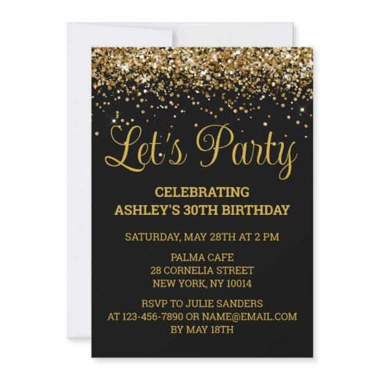 Black and Gold Glitter 30th Birthday Let's Party