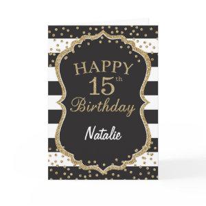 Black and Gold Glitter confetti 15th Birthday Card