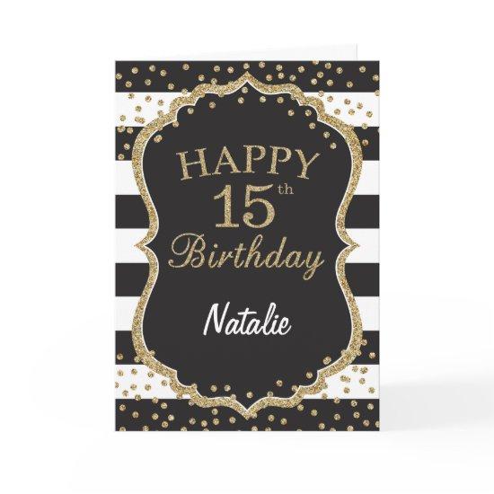 Black and Gold Glitter confetti 15th Birthday Card