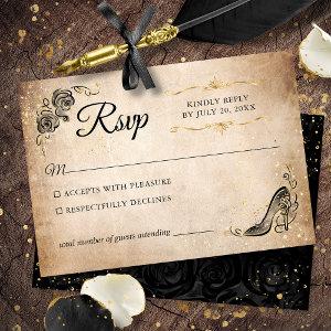 Black and Gold Princess Elegant Wedding RSVP Card