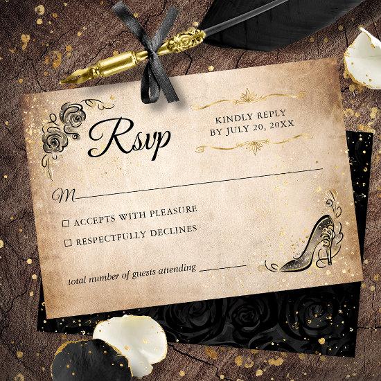 Black and Gold Princess Elegant Wedding RSVP Card