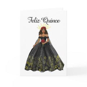 Black and Gold Quinceanera Dress Birthday Card