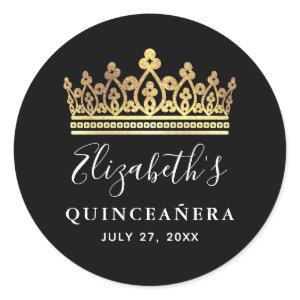 Black and Gold Royal Crown Elegant Quinceanera Classic Round Sticker
