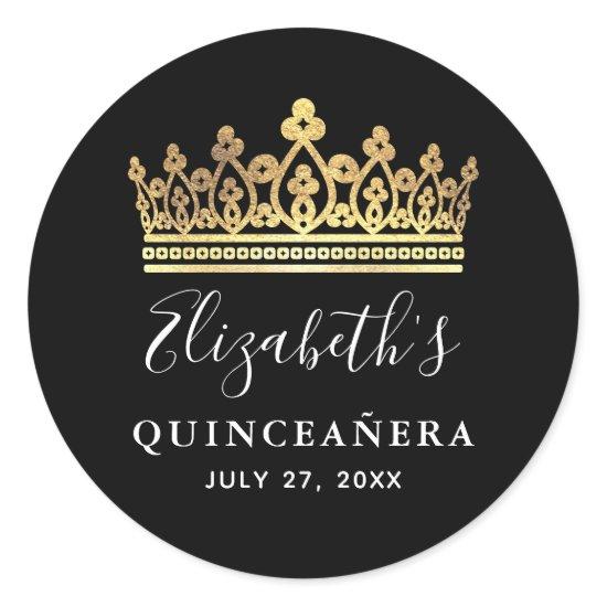 Black and Gold Royal Crown Elegant Quinceanera Classic Round Sticker