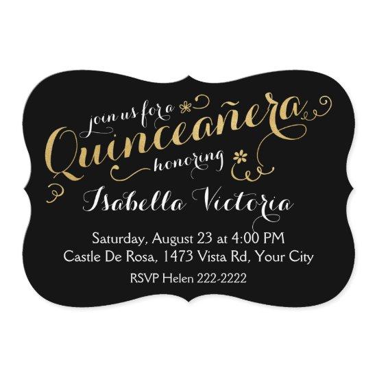 Black and Gold Script Quinceañera