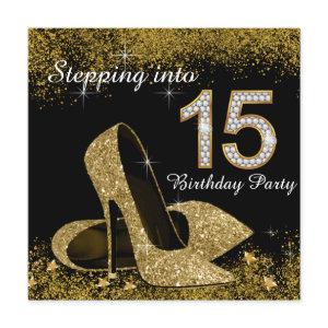 Black and Gold Stepping Into 15 Quinceanera