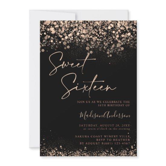 Black and Gold Sweet 16th Elegant Photo Birthday