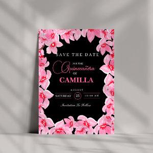 Black and pink Girly Cherry Blossom Quinceanera Save The Date