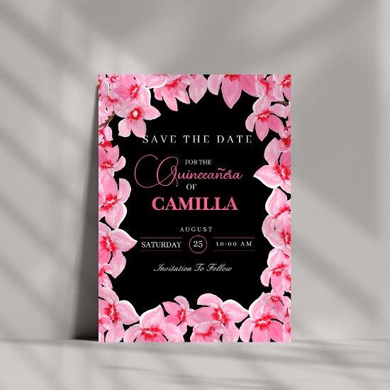 Black and pink Girly Cherry Blossom Quinceanera Save The Date