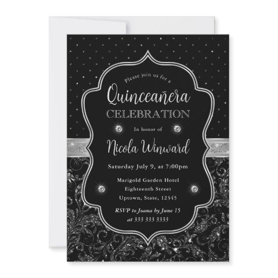 Black and Silver Art Deco Glitter Quinceanera