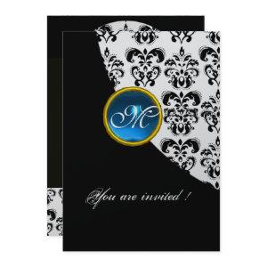 BLACK AND SILVER DAMASK MONOGRAM,blue sapphire